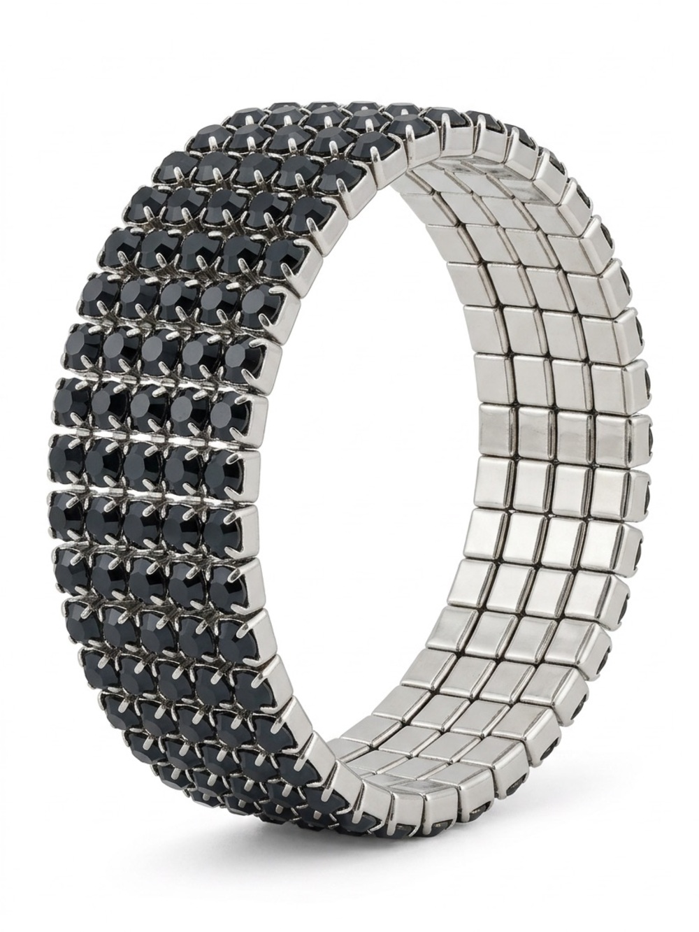 Silver Tone black Rhinestone Stretch Bangle Bracelet